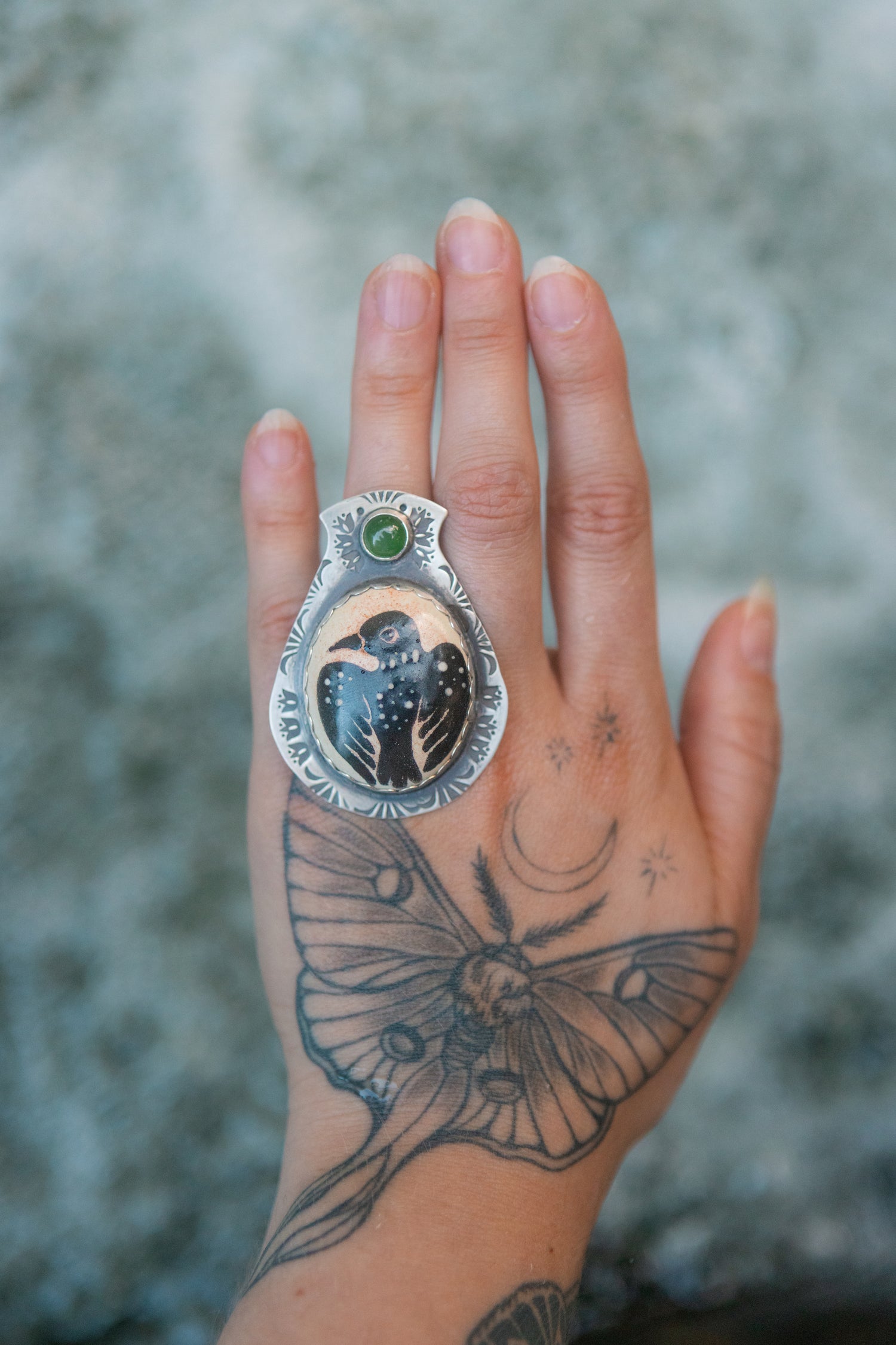 The Loon Lake Shield Ring ~ Antiqued Silver with Painted Porcelain & Nephrite Jade size 6