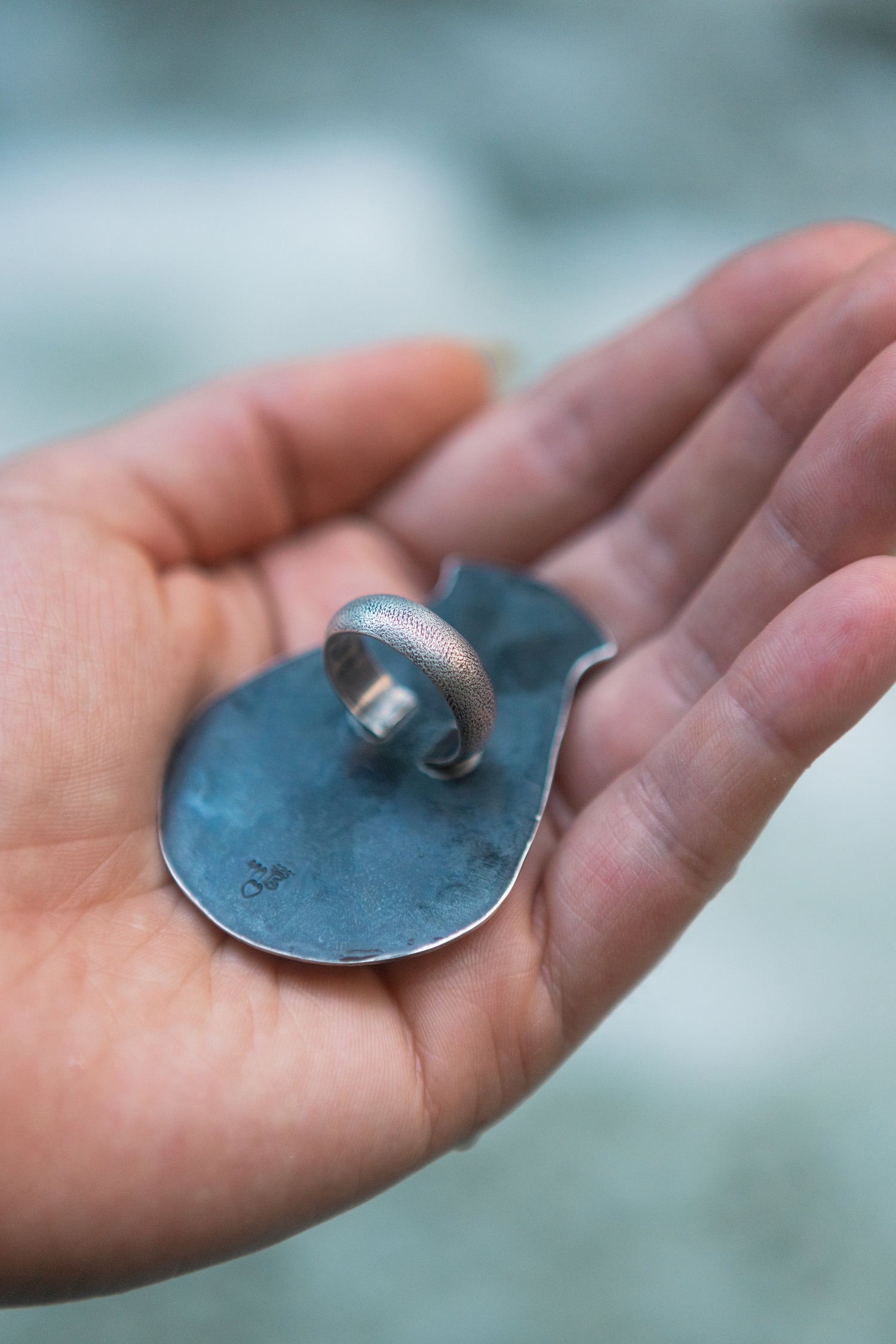 The Loon Lake Shield Ring ~ Antiqued Silver with Painted Porcelain & Nephrite Jade size 6