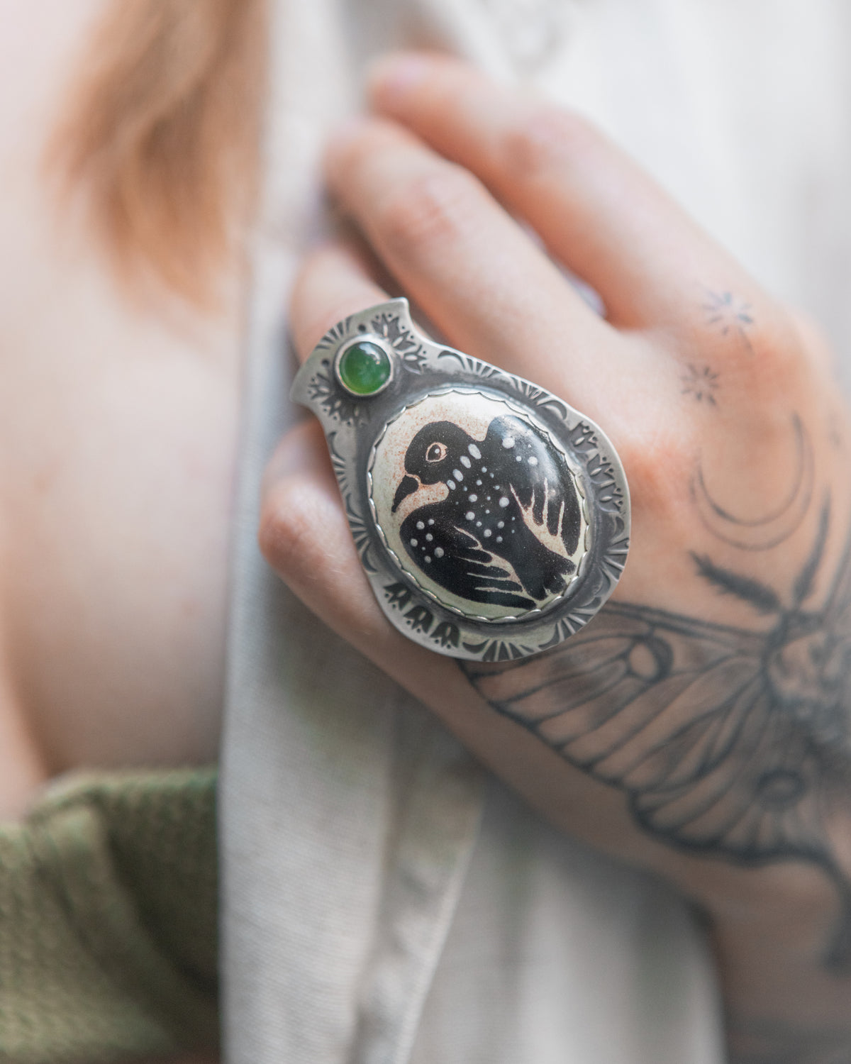 The Loon Lake Shield Ring ~ Antiqued Silver with Painted Porcelain & Nephrite Jade size 6