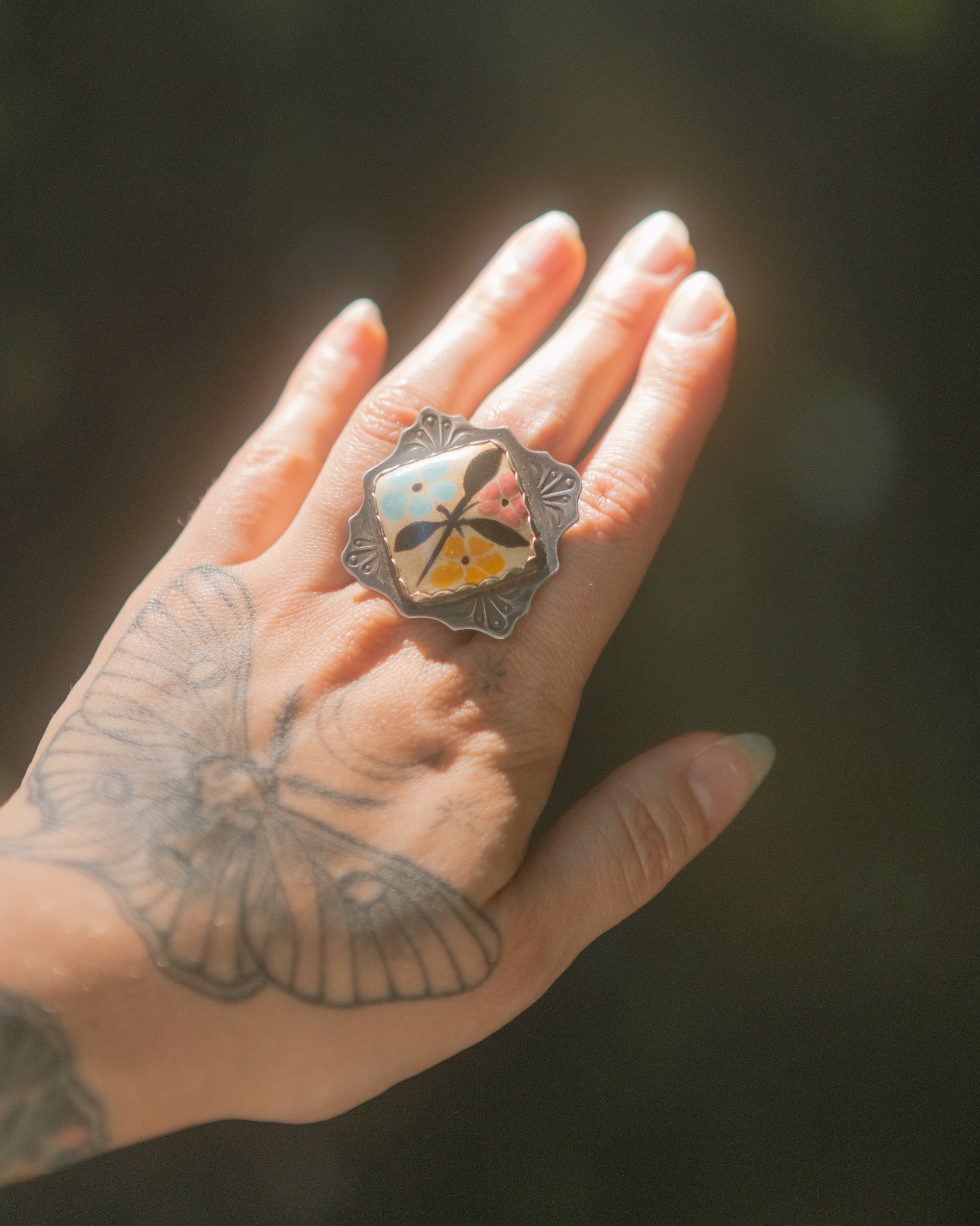 Medieval Meadow Flower Ring ~ Antiqued Silver with Painted Porcelain Cabochon