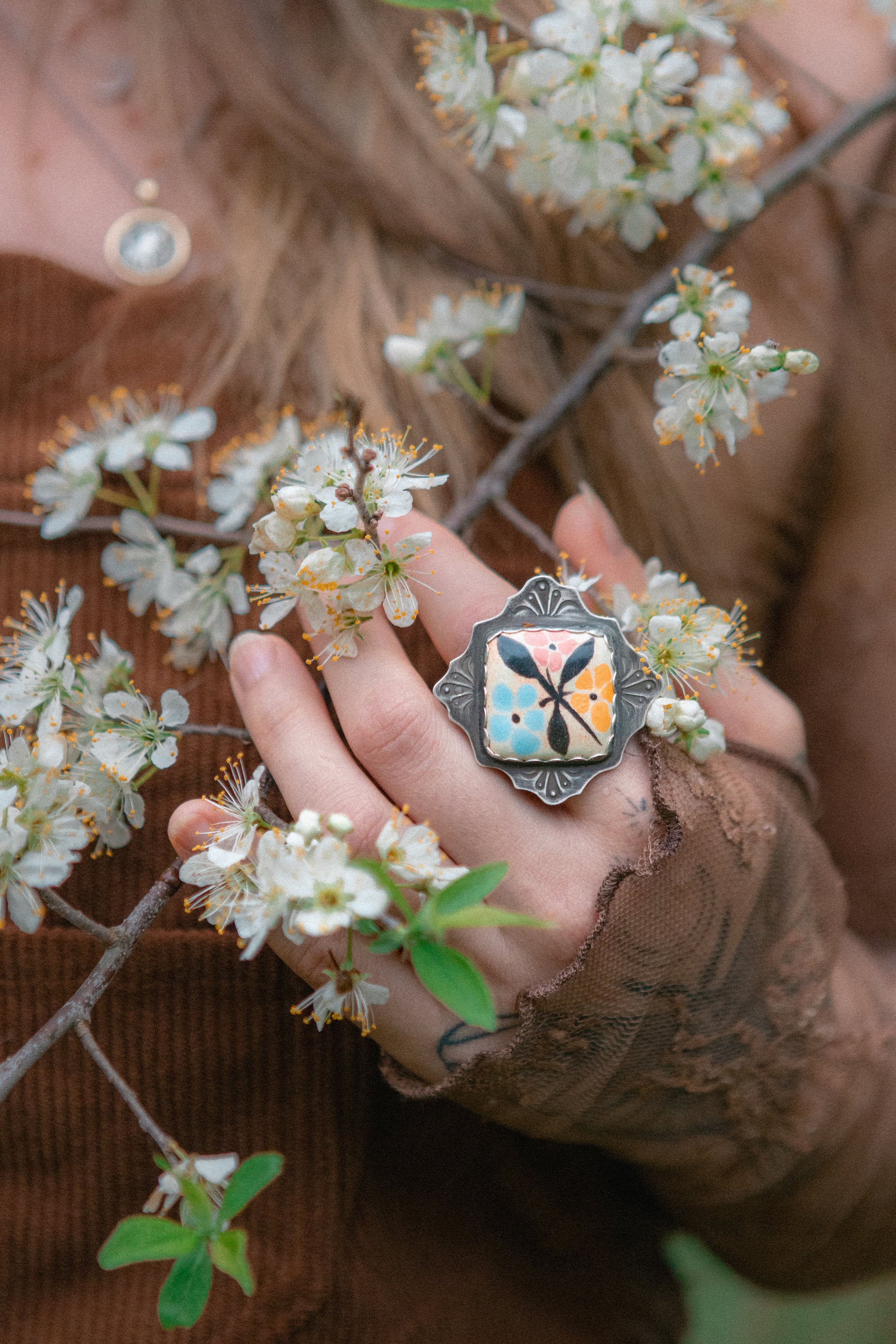 Medieval Meadow Flower Ring ~ Antiqued Silver with Painted Porcelain Cabochon