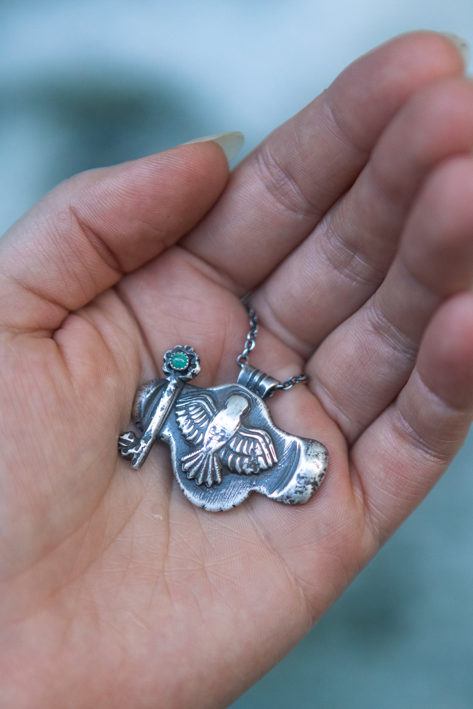 Ancient Immer Hawk Amulet - Antiqued Silver with Emerald