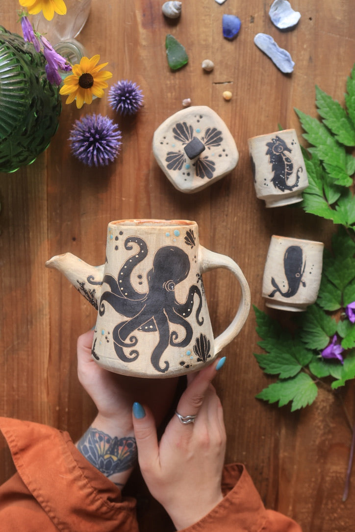 Sea Creatures of Aquaria Teapot Set in Painted Ink Stoneware