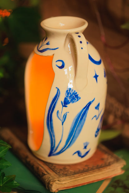 Painted Summer Bunny Candelaria Vase in Washed Cobalt Porcelain