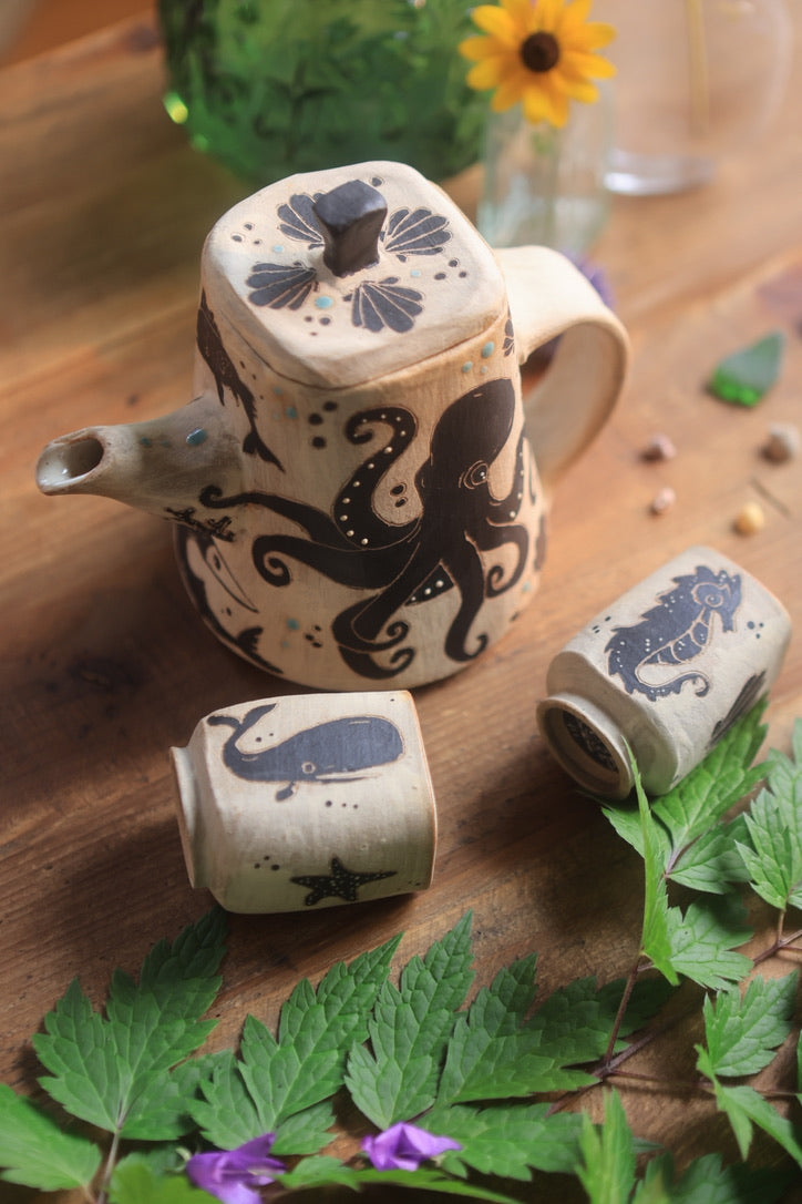 Sea Creatures of Aquaria Teapot Set in Painted Ink Stoneware