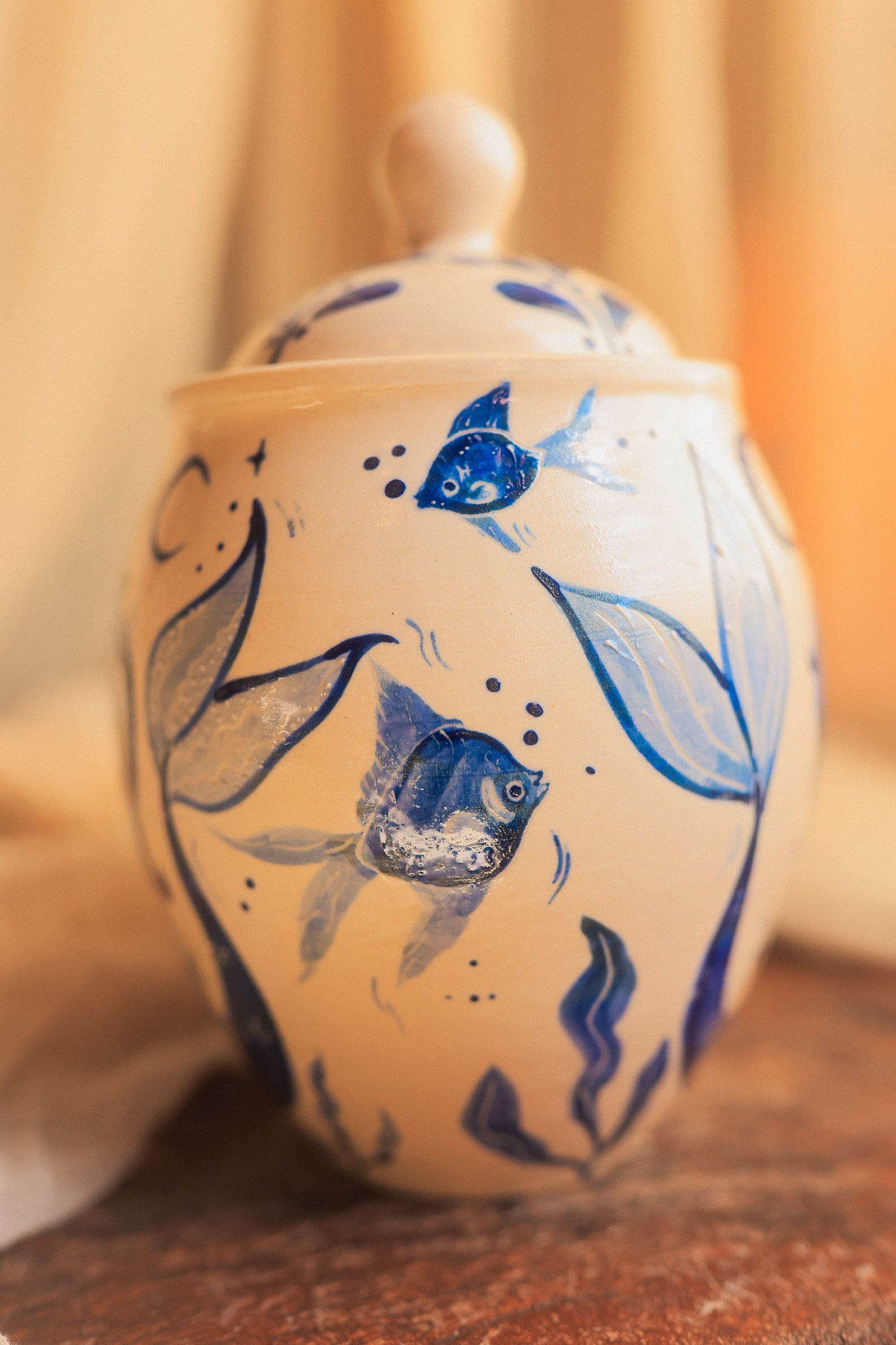 Painted Porcelain Maidens of the Sea Jar in Cobalt Blue