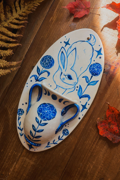 Autumn Rabbit Joy Wall Pocket in Painted Blue-On-White Porcelain