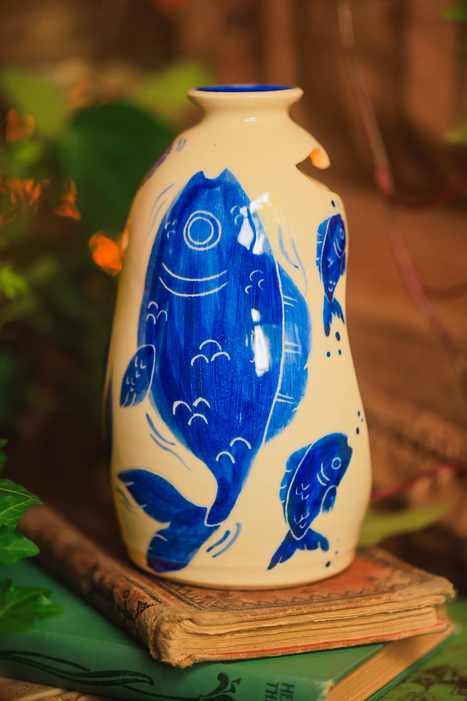 Painted Summer Fishies Candelaria Vase in Washed Cobalt Porcelain