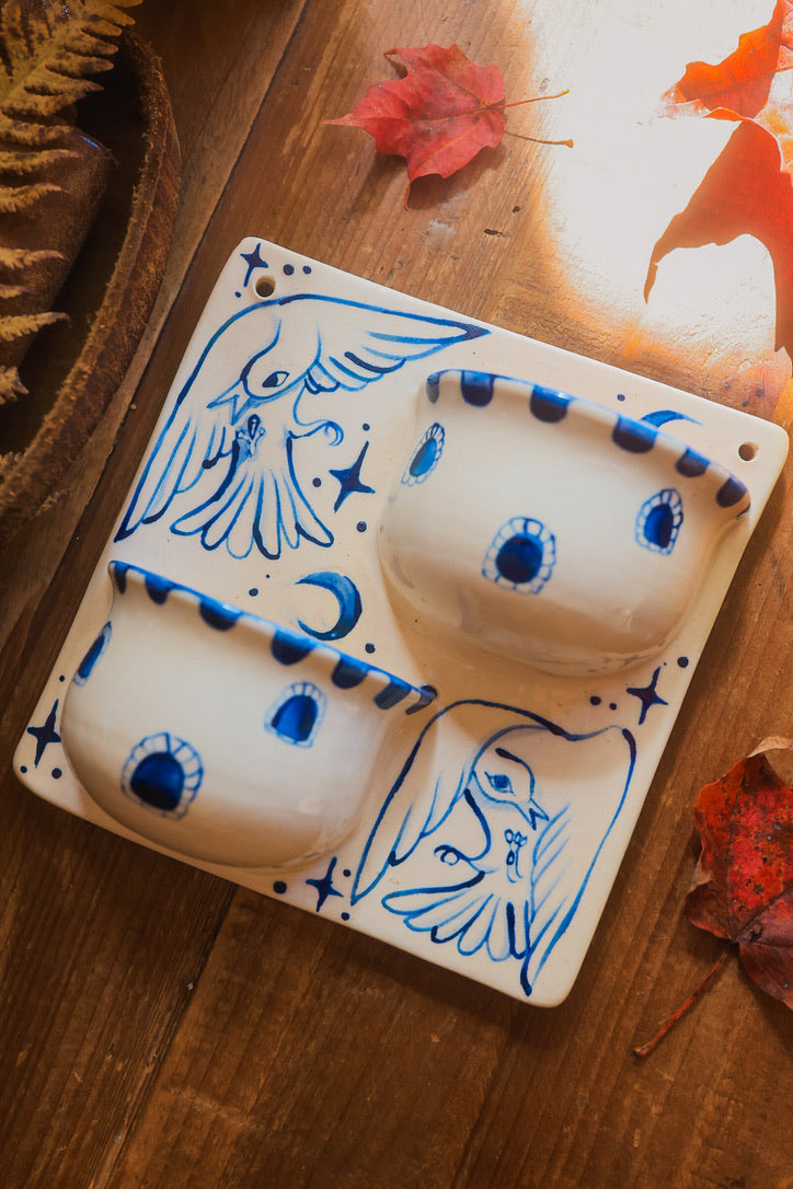 Birds of the Citadel Double Wall Pockets in Painted Blue-On-White Porcelain