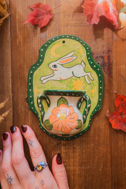 Autumn Meadow Rabbit Wall Pocket in Painted Stoneware