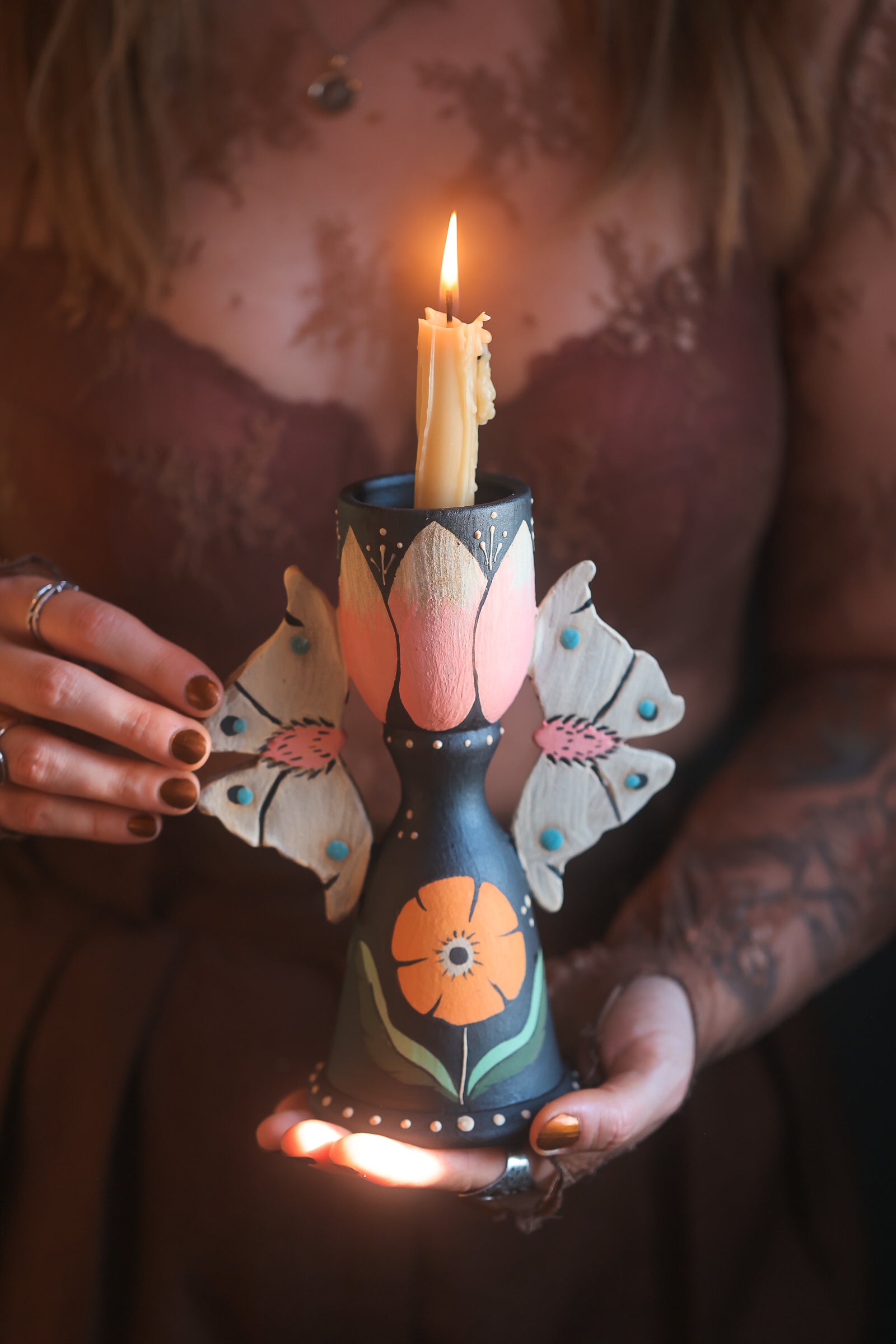 Blushing Forest Moths Candle Holder in Midnight