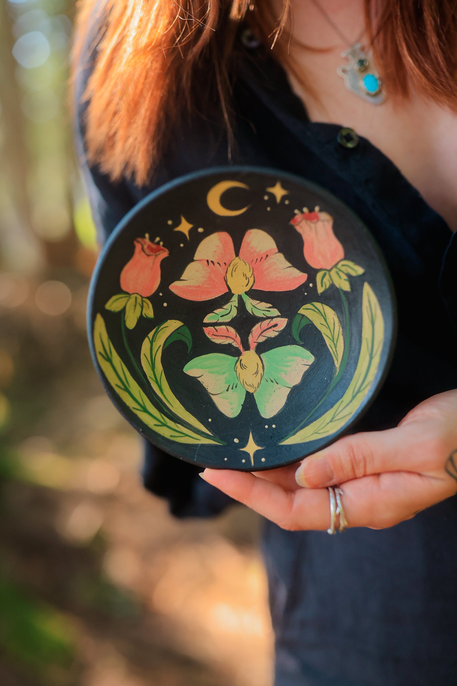 Painted Rosy Midnight Moths Trinket Dish
