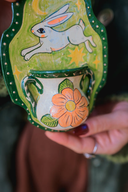 Autumn Meadow Rabbit Wall Pocket in Painted Stoneware