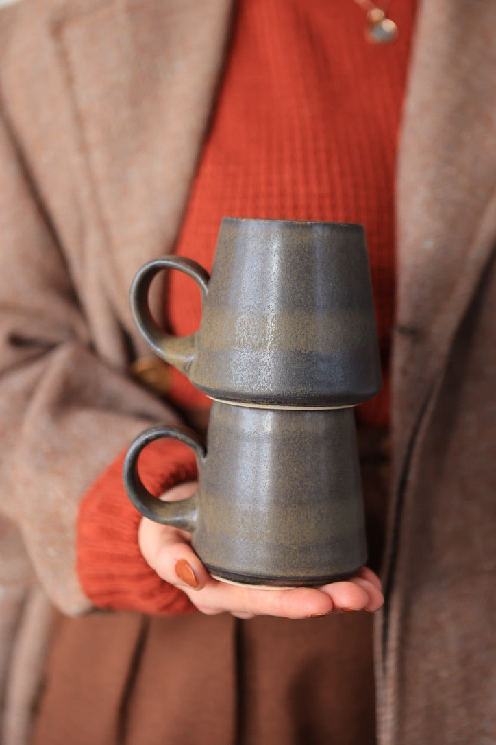 75 Porcelain Pair of Charcoal Folkware Mugs 10 oz