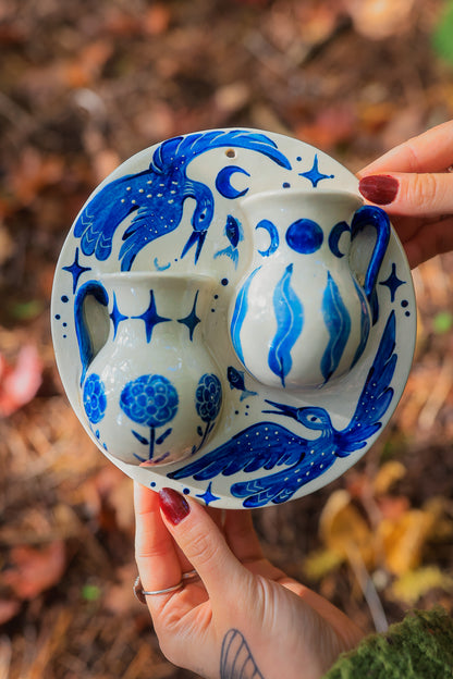 Swimming Lake Loons Double Wall Pocket in Painted Blue-On-White Porcelain