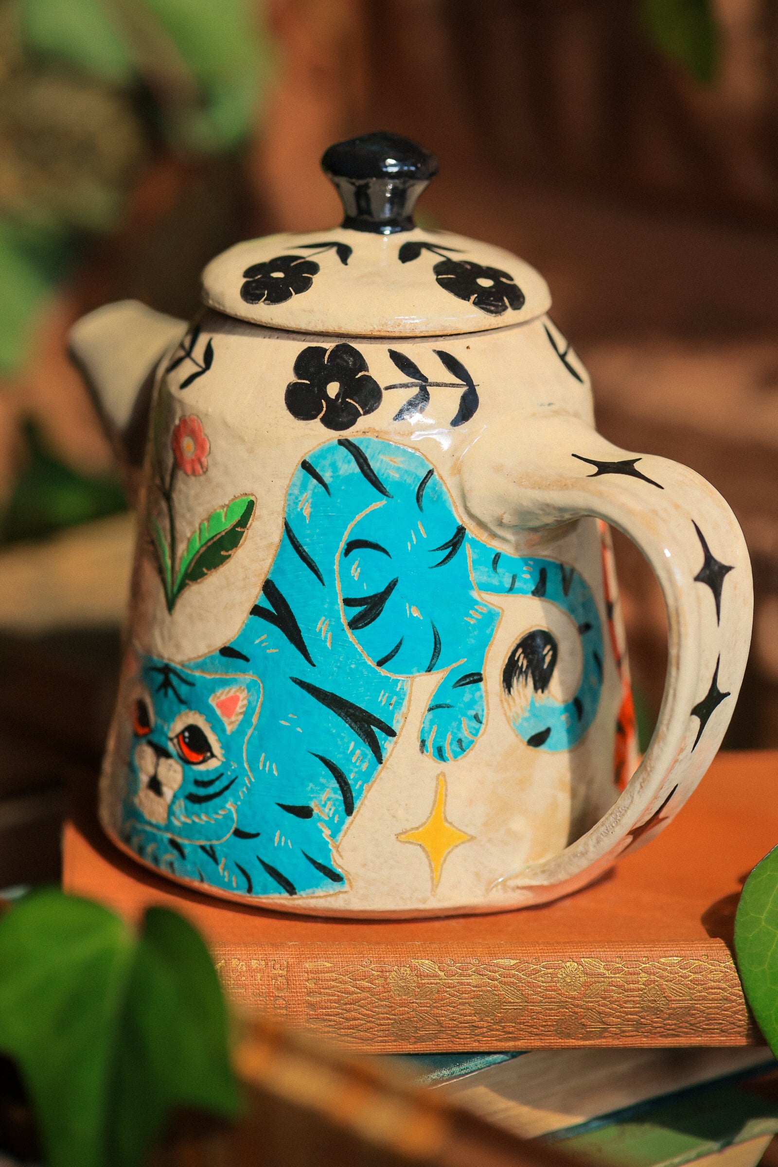 Painted Royal Saffron &amp; Turquoise Tiger Temple Guardians Teapot in Stoneware