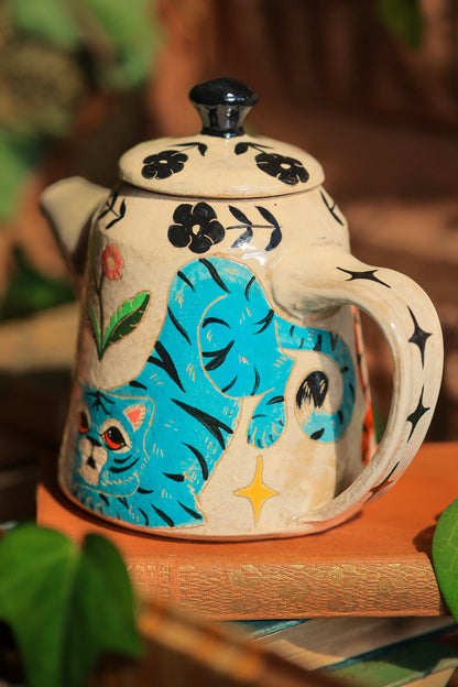 Painted Royal Saffron &amp; Turquoise Tiger Temple Guardians Teapot in Stoneware