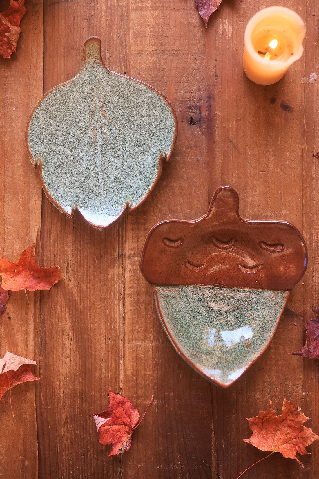 Pair of Autumn Forest Acorn &amp; Leaf Dishes in Red Stoneware
