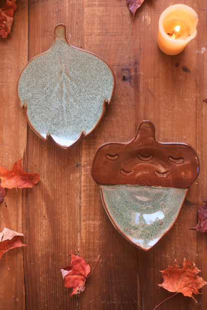 Pair of Autumn Forest Acorn &amp; Leaf Dishes in Red Stoneware