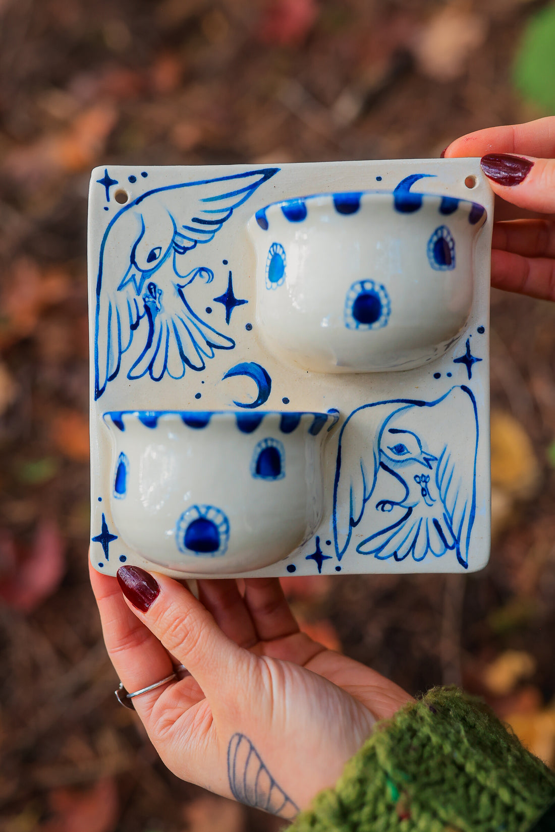 Birds of the Citadel Double Wall Pockets in Painted Blue-On-White Porcelain