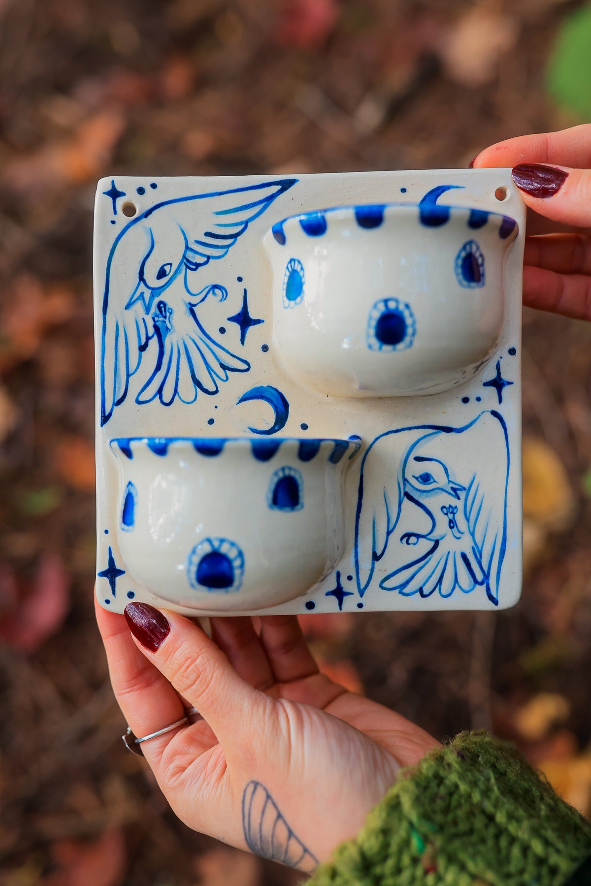 Birds of the Citadel Double Wall Pockets in Painted Blue-On-White Porcelain