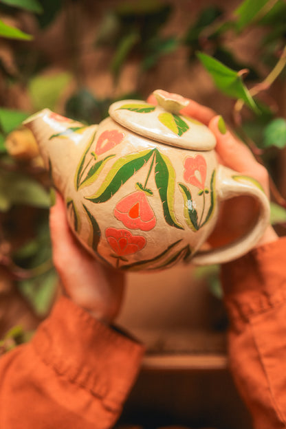 Painted Botanical Temple of Flowers Teapot in Stoneware