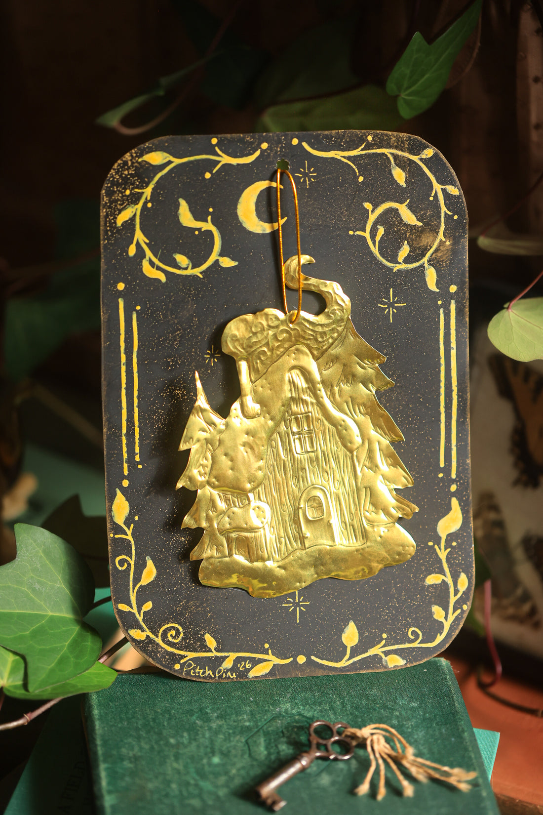 Golden Cozy Cabin Talisman in Antique Brass
