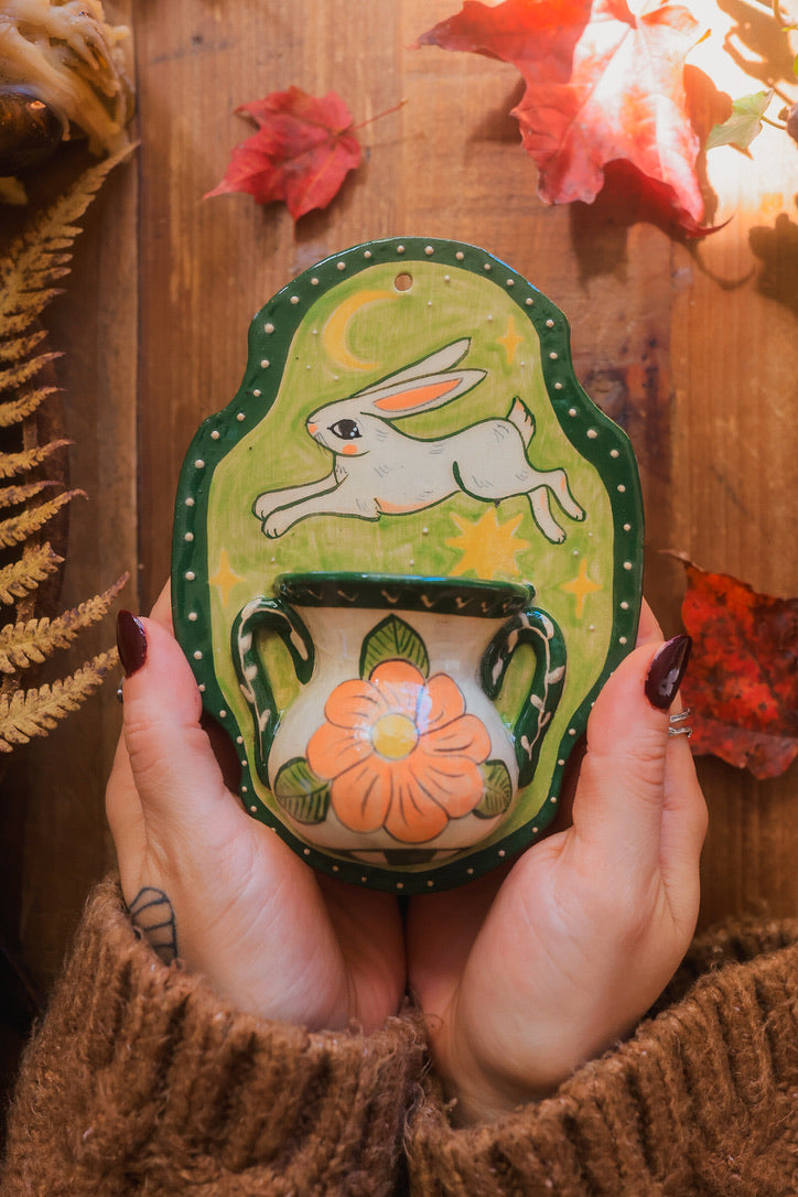 Autumn Meadow Rabbit Wall Pocket in Painted Stoneware