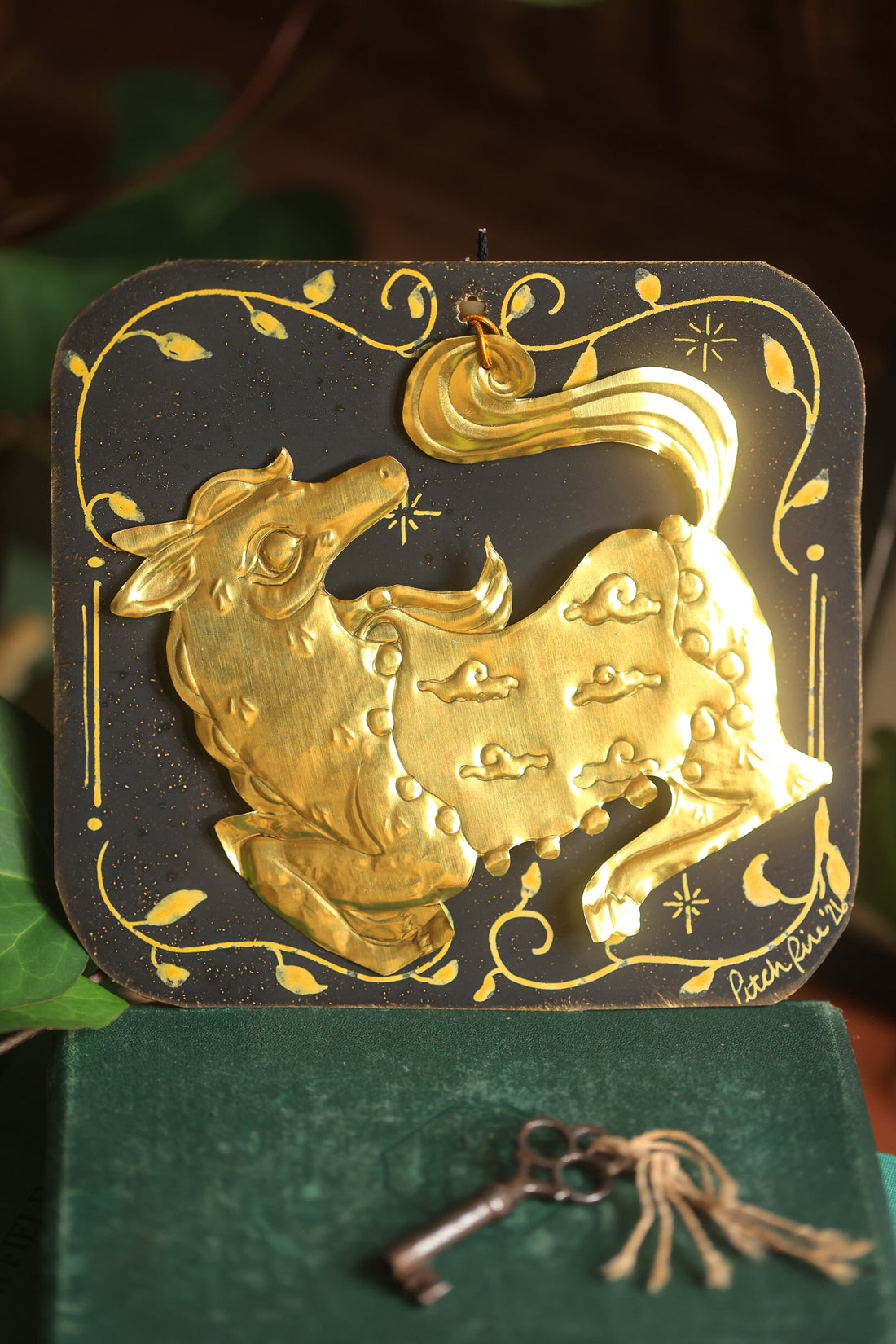 Golden Wind Horse Talisman in Antique Brass