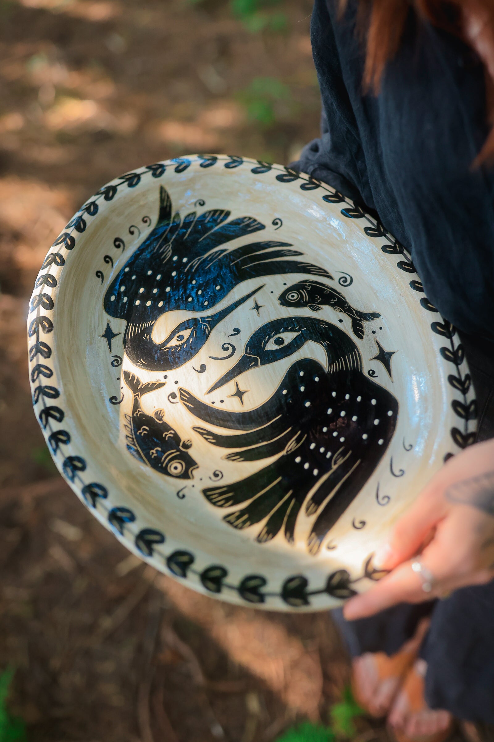 Painted Stoneware Swimming Loons Serving Platter in Washed Ink