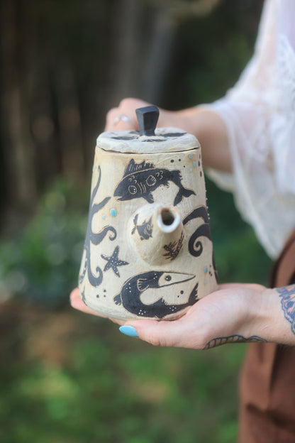 Sea Creatures of Aquaria Teapot Set in Painted Ink Stoneware