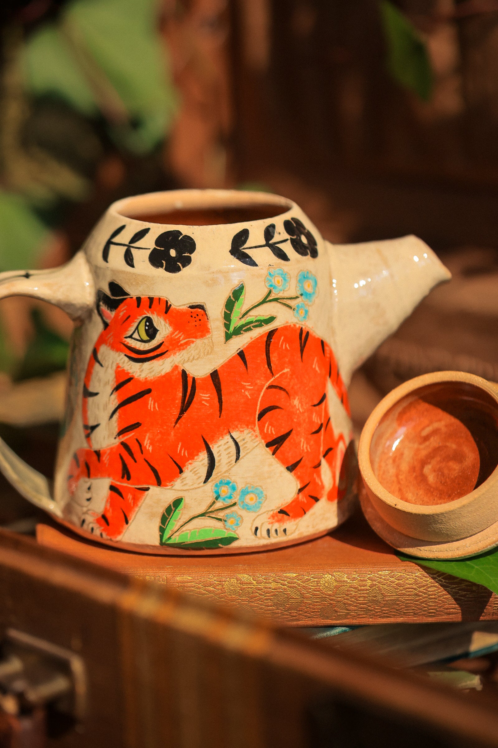 Painted Royal Saffron &amp; Turquoise Tiger Temple Guardians Teapot in Stoneware