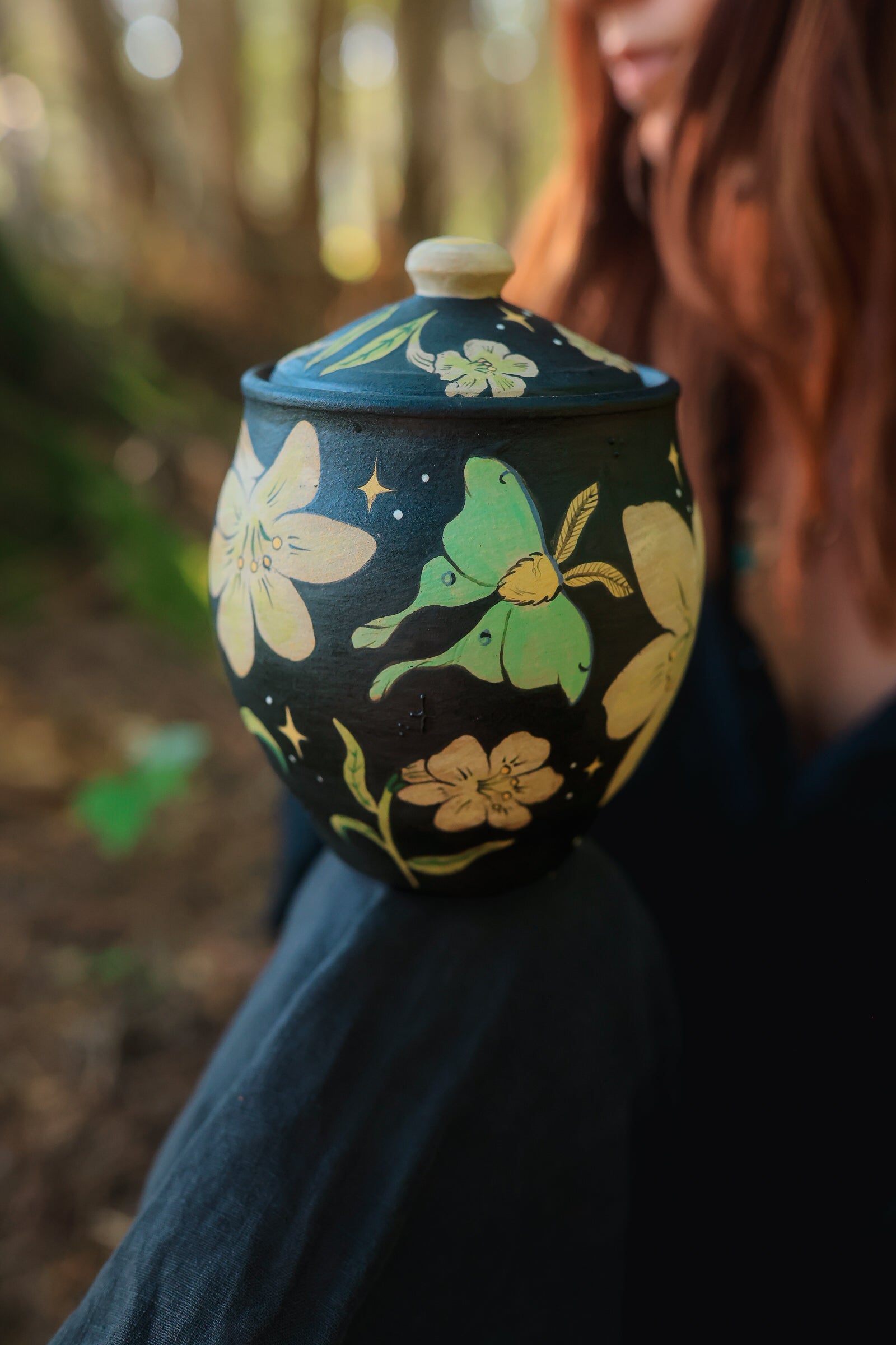 Painted Luna Moths Lidded Jar in Midnight
