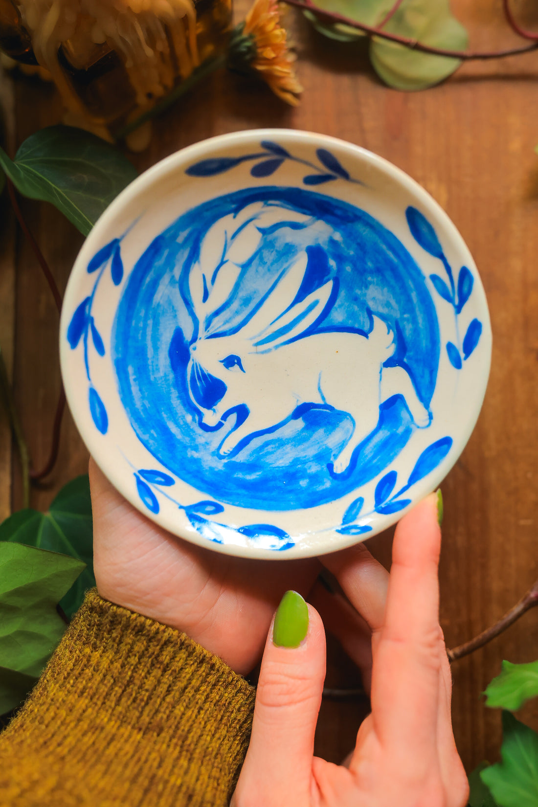 Porcelain Meadow Bunny Dish in Washed Cobalt