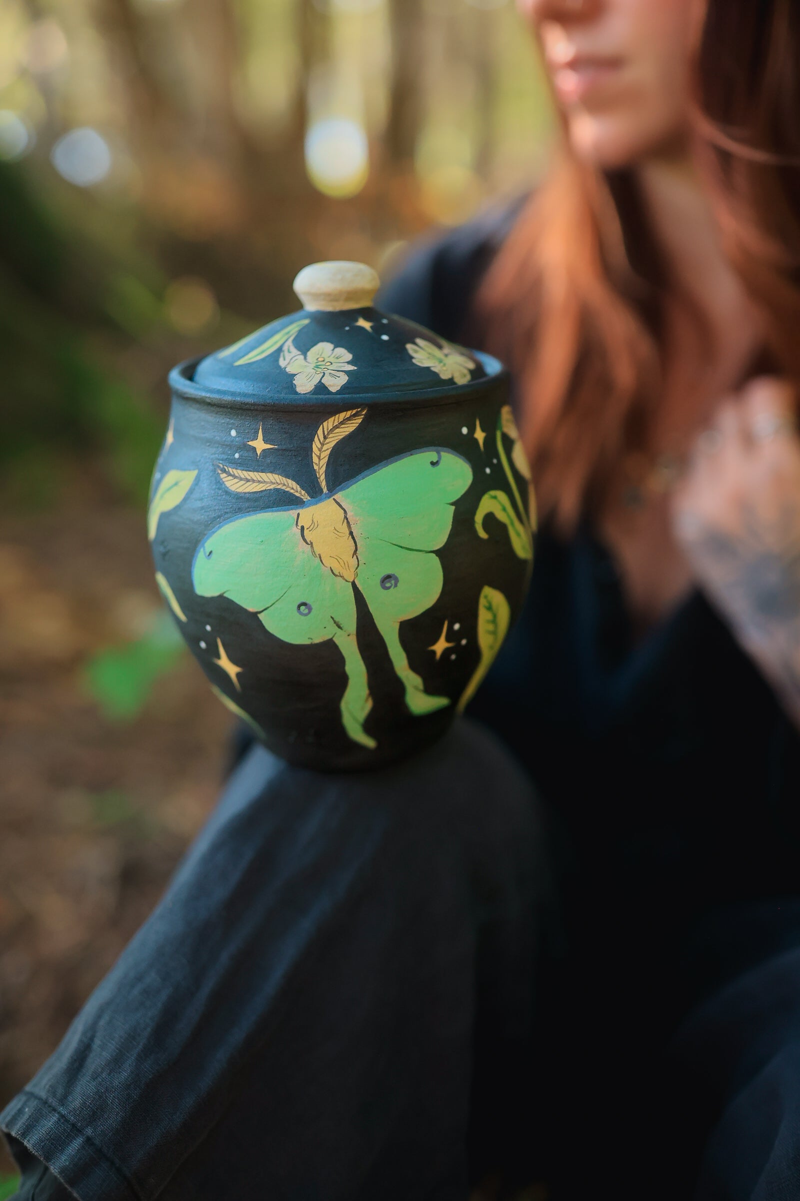 Painted Luna Moths Lidded Jar in Midnight