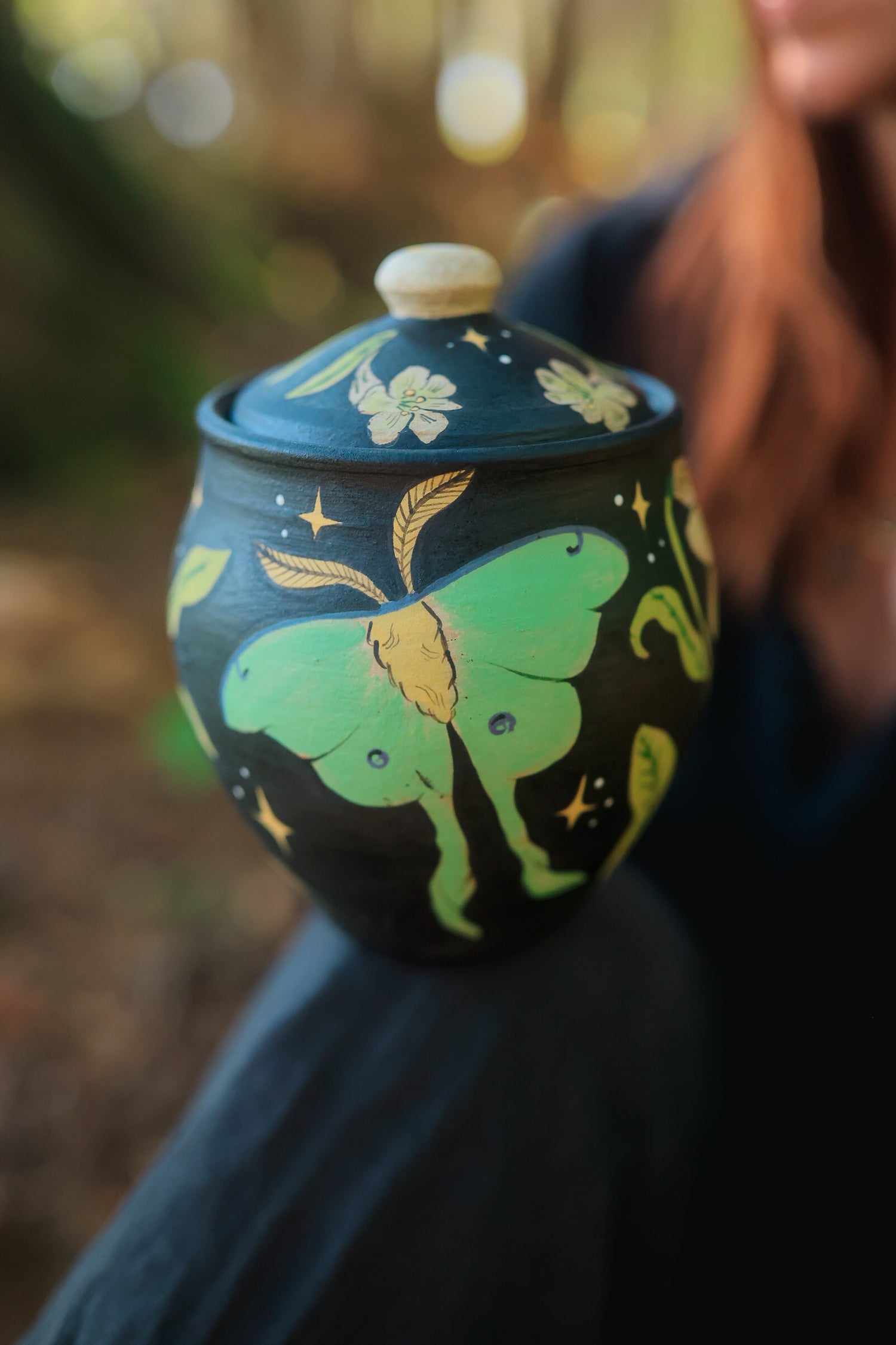 Painted Luna Moths Lidded Jar in Midnight