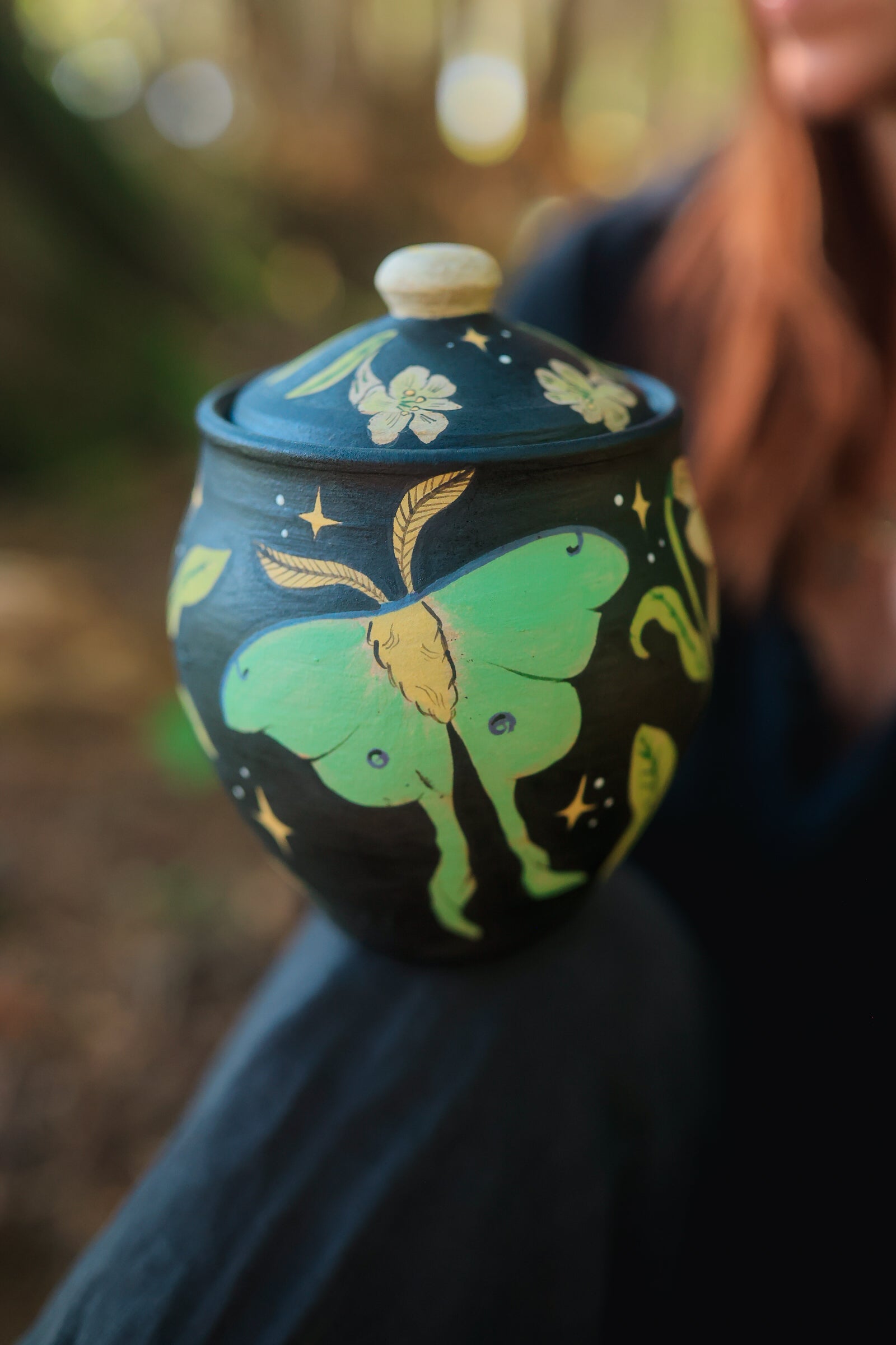 Painted Luna Moths Lidded Jar in Midnight