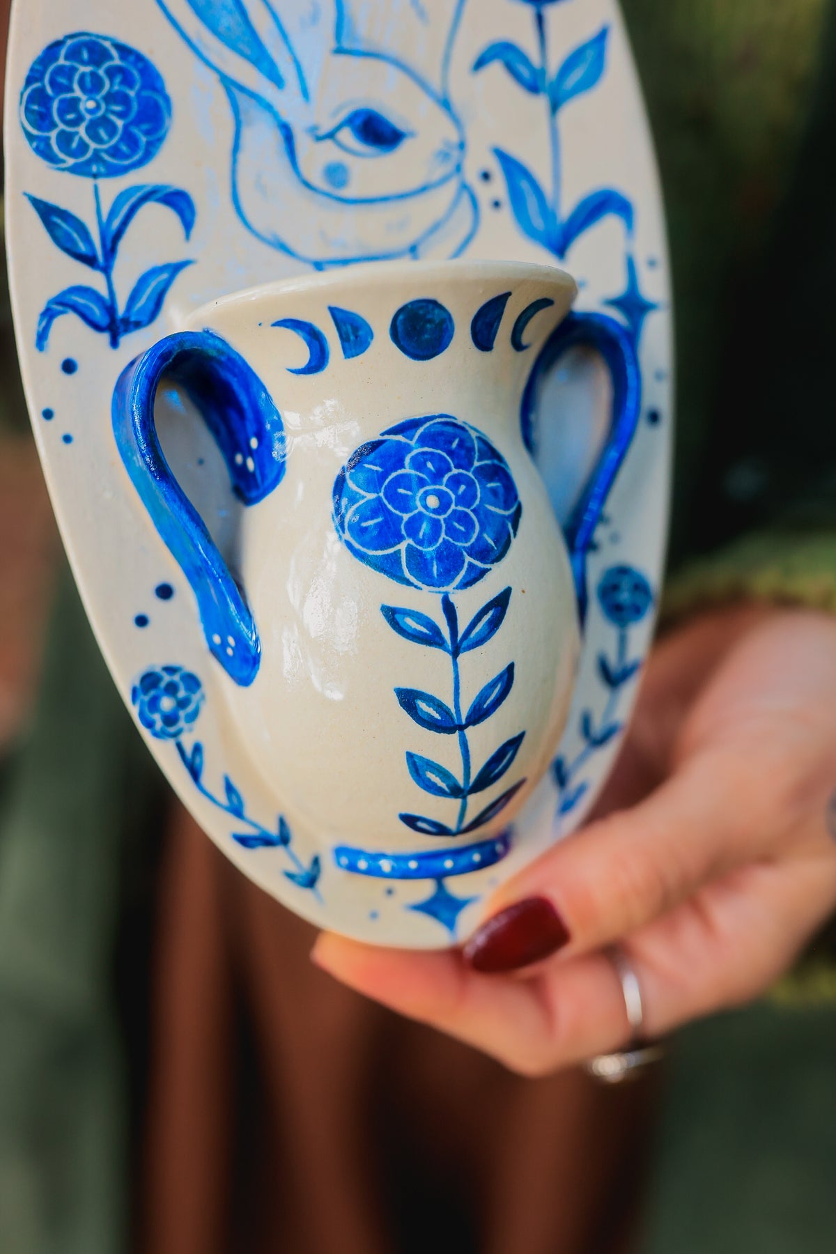 Autumn Rabbit Joy Wall Pocket in Painted Blue-On-White Porcelain