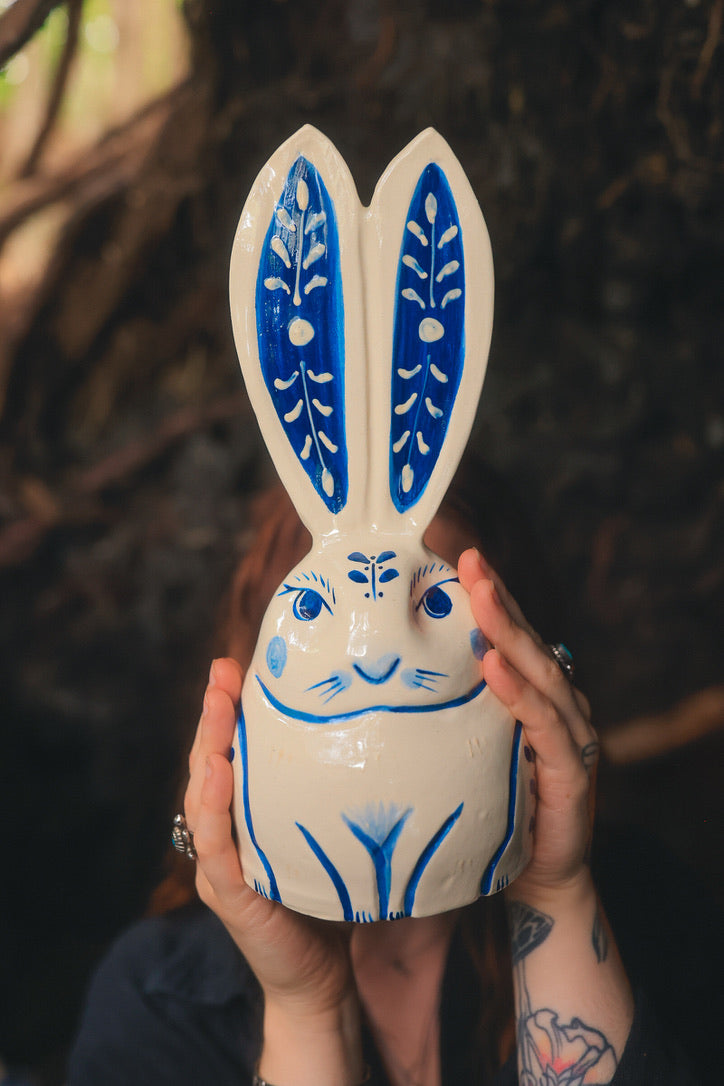 Guardian Rabbit of Artemis Figurine in Painted Blue-on-White Porcelain