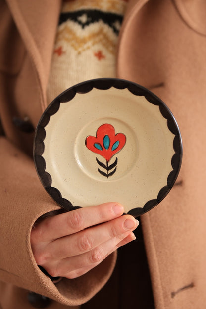 Folkware Orange Meadow Flower Cup and Saucer Set 8 oz