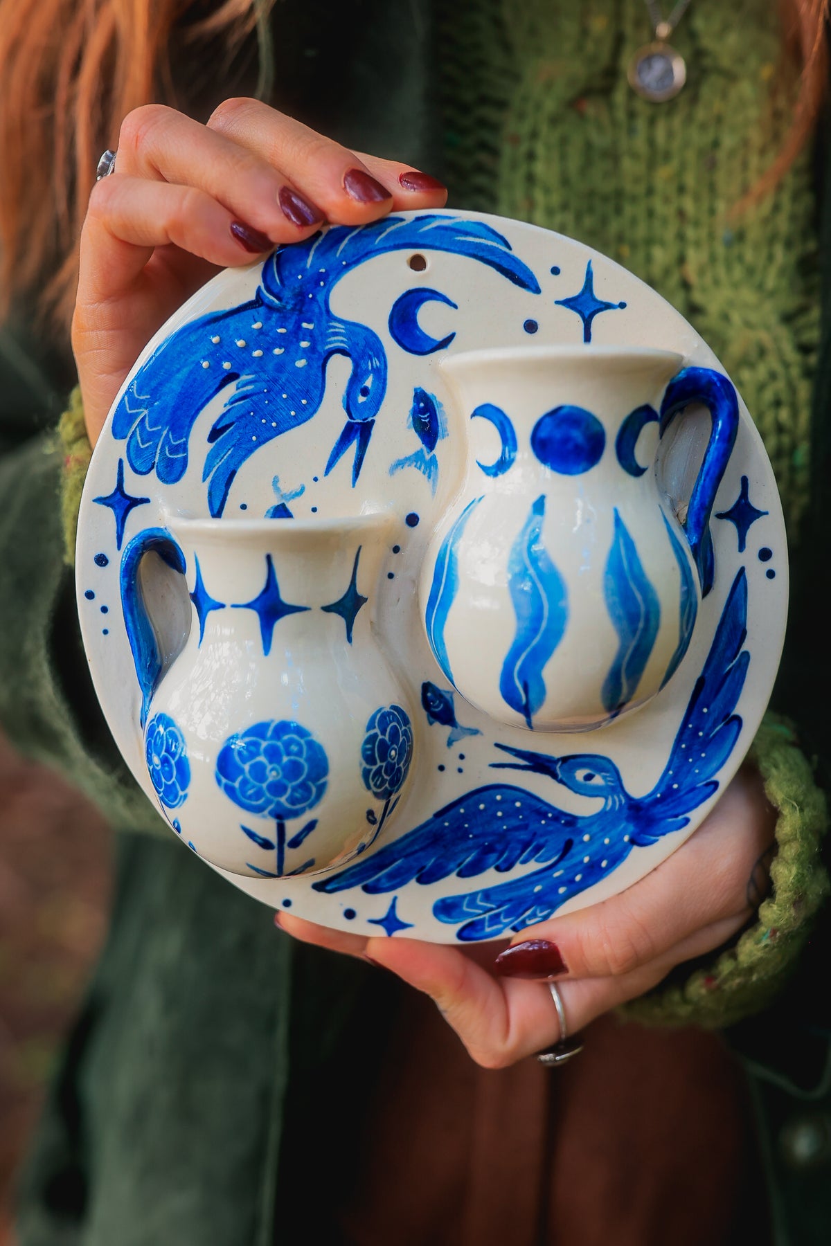 Swimming Lake Loons Double Wall Pocket in Painted Blue-On-White Porcelain