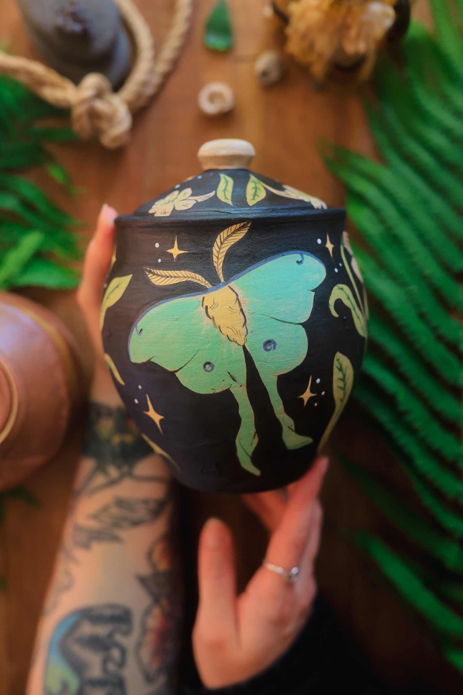 Painted Luna Moths Lidded Jar in Midnight