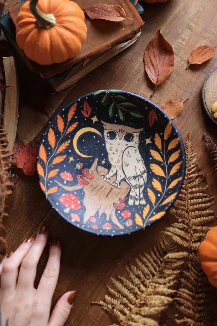 Midnight Autumn Forest Owl Dish