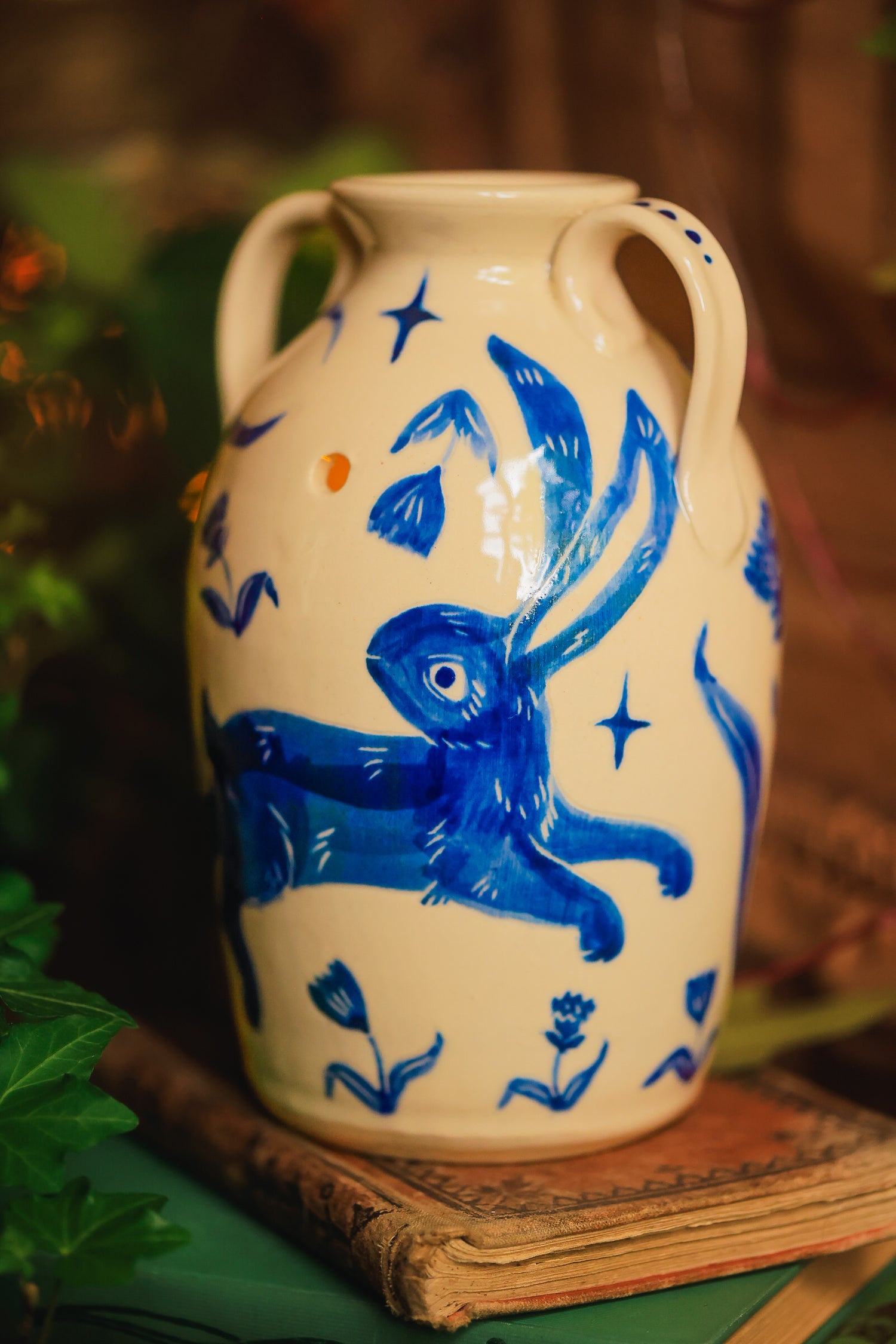 Painted Summer Bunny Candelaria Vase in Washed Cobalt Porcelain