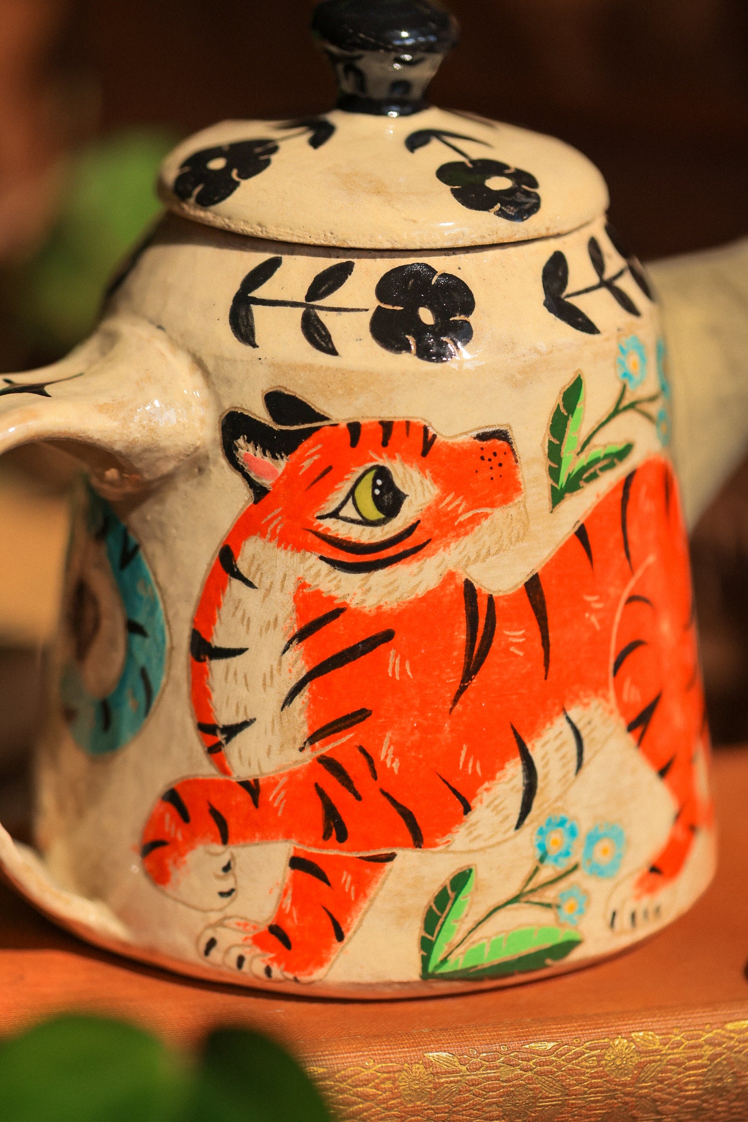 Painted Royal Saffron &amp; Turquoise Tiger Temple Guardians Teapot in Stoneware