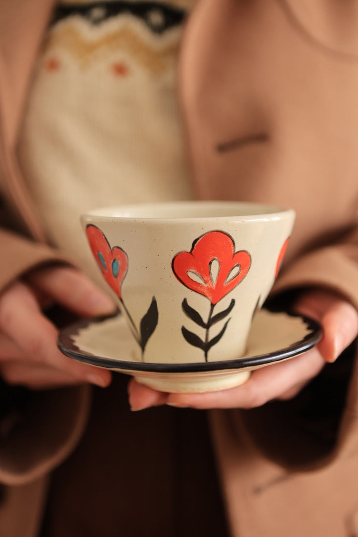 Folkware Orange Meadow Flower Cup and Saucer Set 8 oz