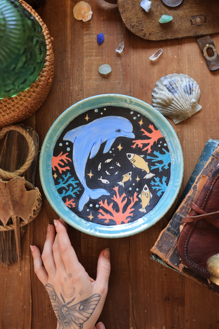 Midnight Coral Sea Dolphin Dish in Porcelain