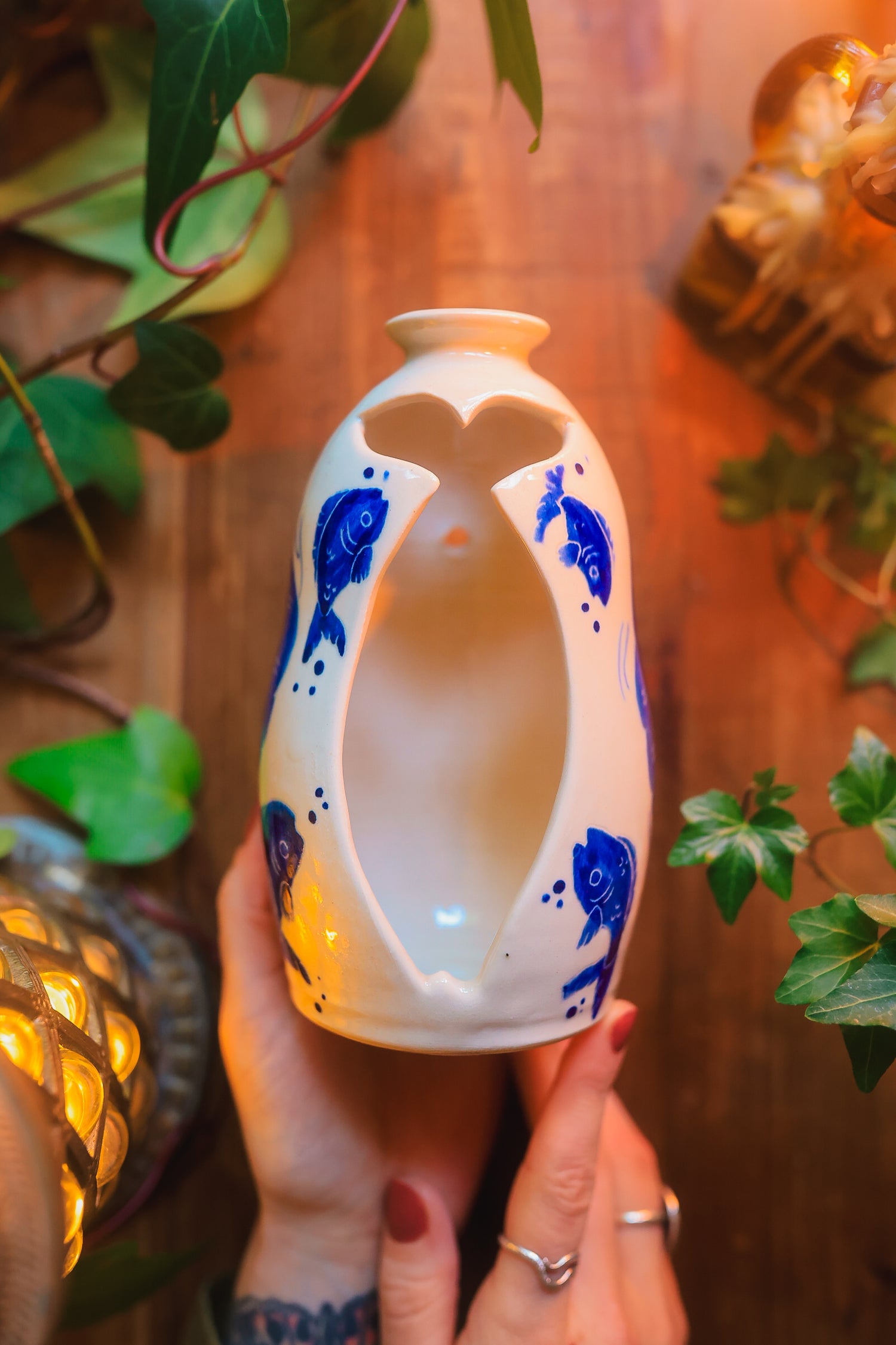Painted Summer Fishies Candelaria Vase in Washed Cobalt Porcelain