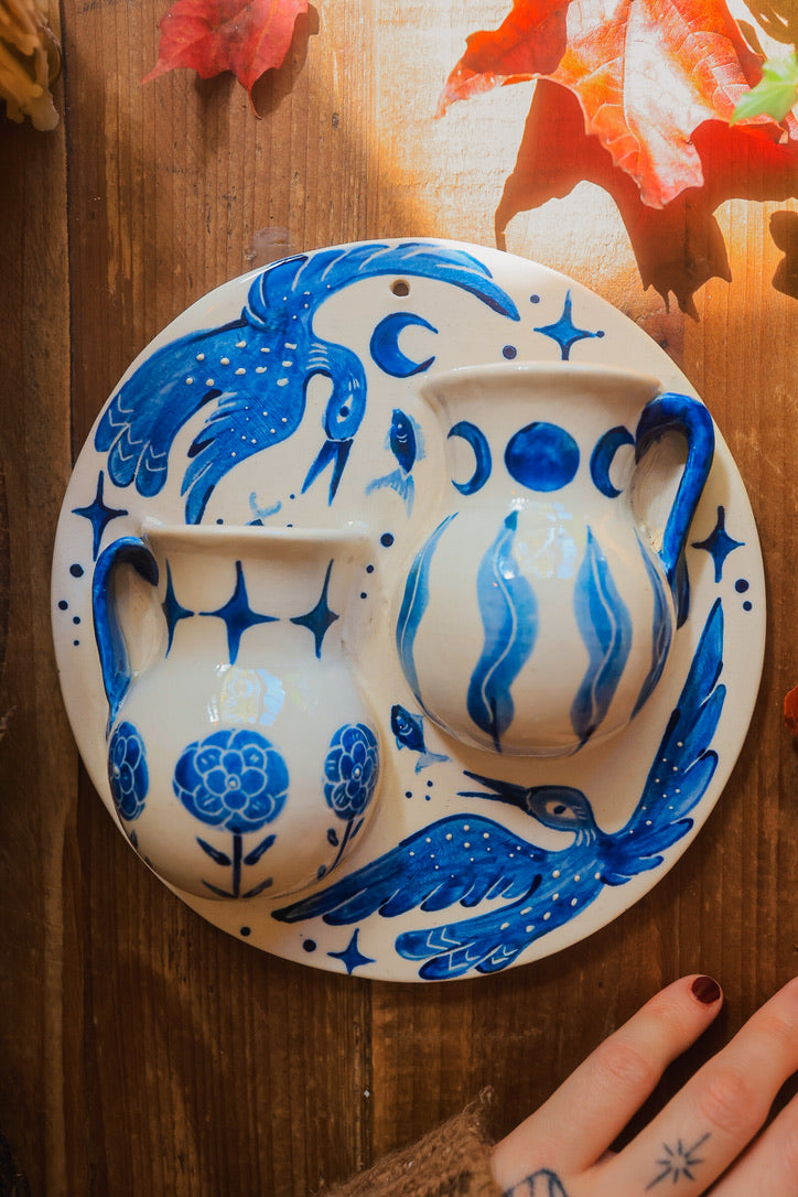 Swimming Lake Loons Double Wall Pocket in Painted Blue-On-White Porcelain