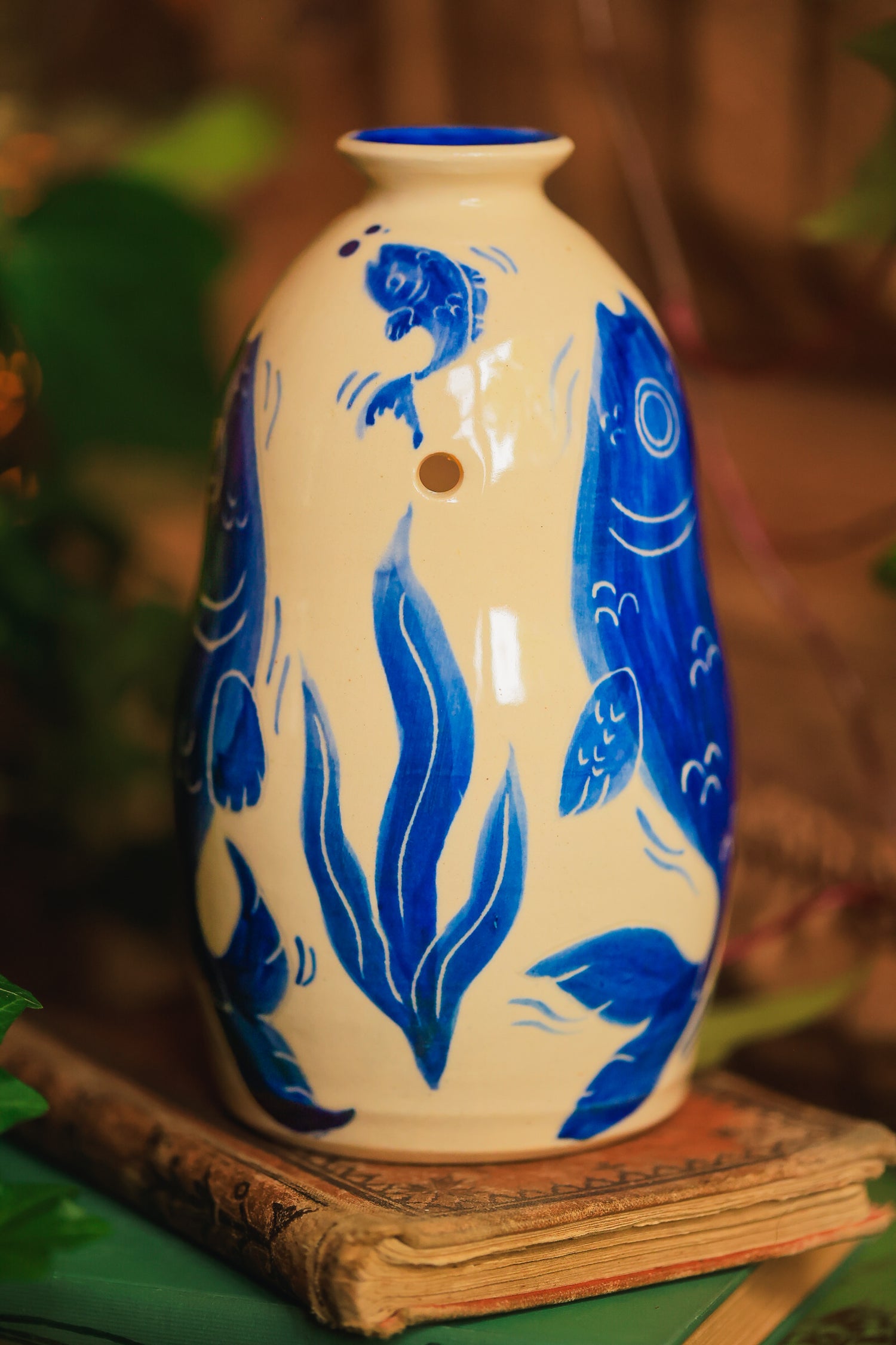 Painted Summer Fishies Candelaria Vase in Washed Cobalt Porcelain